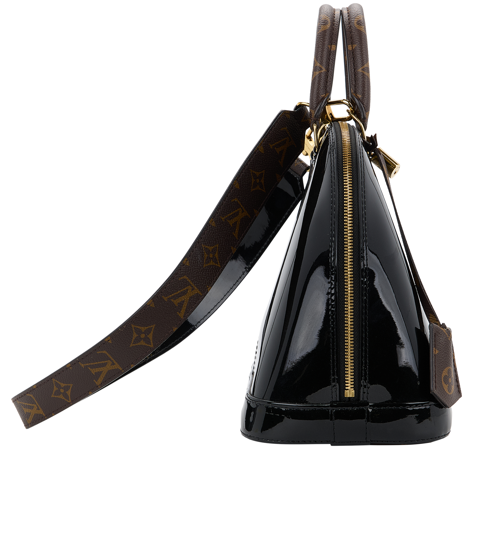 Alma PM Vernis, &pound;1,200, Handbags, Black/Brown, Canvas/Patent Leather, Side view